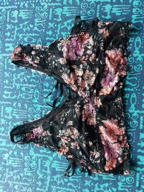 Black Lace Floral Bralette with Pink & Peach Flowers